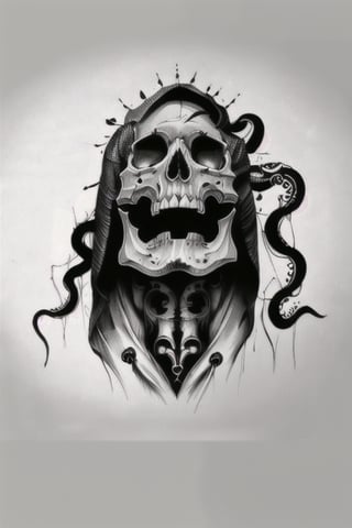 Dark tattoo, skull with a hood, big tentacles at the bottom, black and white, detailed, realistic
