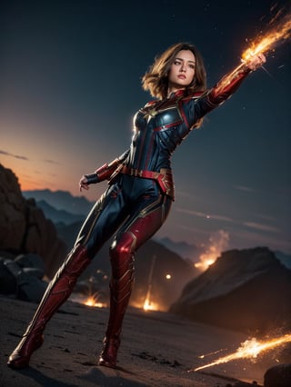 Epic CG masterpiece, Captain Marvel, hdr,dtm, full ha, charging forward battlefield, the burst meteor, the fierce battle of fighting with his life, 8K, ultra detailed graphic tension, dynamic poses, stunning colors, 3D rendering, surrealism, cinematic lighting effects, realism, 00 renderer, super realistic, full - body photos, super vista, super wide Angle, HD