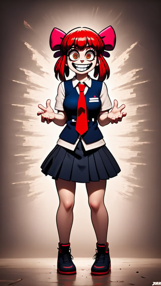 highly detailed, 8K, masterpiece, 1 girl, red tie hair, skirt, crazy smile, perfect face, detailed background, full body, bloom, caustics, dynamic lighting
,aawiz,mudg1rl