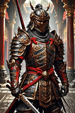 armored samurai warrior, black and red colors, sword on hand, tough looking man face, academic classicism, 32k uhd, spectacular backdrops, bronze playfulness, associated press photo,bl1ndm5k,LegendDarkFantasy,Obsidian_Gold