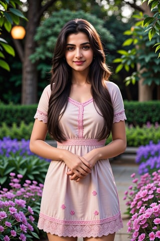 (ultra-detailed,highres,masterpiece:1.2), realistic,Kashmira Pardesi,14 years old innocent girl,Indian,Kashmira Pardesi,punjabi girl,pure white skin,slim figure body, long black hair, beautiful detailed eyes, beautiful detailed lips, beautiful detailed dress, expression of confidence and intelligence, standing in a vibrant garden with blooming flowers, warm sunlight casting soft lights,serene atmosphere,magical pink hue,subtle lens flare,fireflies,Extremely Realistic,real hand,more detail ,Kashmira Pardesi,Perfect Anything,Realistic