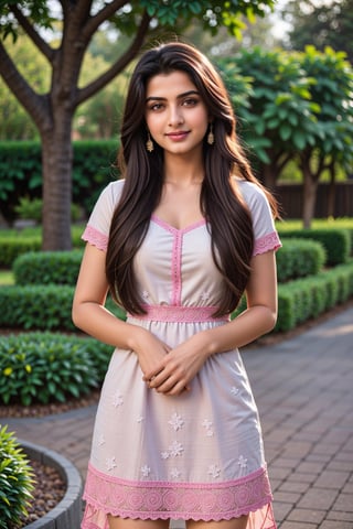 (ultra-detailed,highres,masterpiece:1.2), realistic,Kashmira Pardesi,14 years old innocent girl,Indian,Kashmira Pardesi,punjabi girl,pure white skin,slim figure body, long black hair, beautiful detailed eyes, beautiful detailed lips, beautiful detailed dress, expression of confidence and intelligence, standing in a vibrant garden with blooming flowers, warm sunlight casting soft lights,serene atmosphere,magical pink hue,subtle lens flare,fireflies,Extremely Realistic,real hand,more detail ,Kashmira Pardesi,Perfect Anything,Realistic