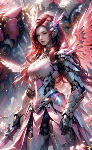 (masterpiece, best quality:1.2), Character design, ((1 girl, solo)), warrior of xian, slim body, medium chest, skinny waist, ((long deep red hair)). blue eyes. (((pink fantasy armor a female knight in a pink full armor))), (((big pauldrons, intricate details))), (((large armor wings))), (((advanced weapon fantasy plasma sword in right hand))), (standing), plain gray background, masterpiece, HD high quality, 8K ultra high definition, ultra definition,1 girl,Masterpiece,mecha, cyborg, metal,