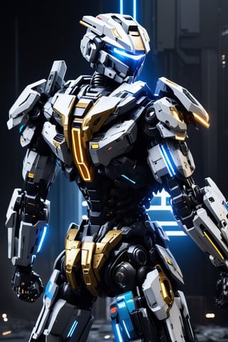 Studio background , gundam armor ,cyborg style,heavy armor , heavy weapon , details armor , 4k ,heavy sword , heavy cybord sword , electricity surrounded , fighting_stance , military cyborg backpack, cyborg heavy armor ,very heavy armor , black gold body colour , sparkling electric surrounded effect , cyborg tank , mirror background ,flying , titanfall game style , wide arms ,wide shoulders, RoboCop , 