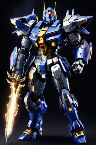 Studio background,cute style, gundam armor ,cyborg style,heavy armor , heavy weapon , details armor,rocket launcher,4k ,Astral gold flame ,heavy sword,heavy cybord sword,slash action, electricity surrounded, fighting_stance , military cyborg backpack, cyborg heavy armor ,very heavy armor , optimus prime style ,