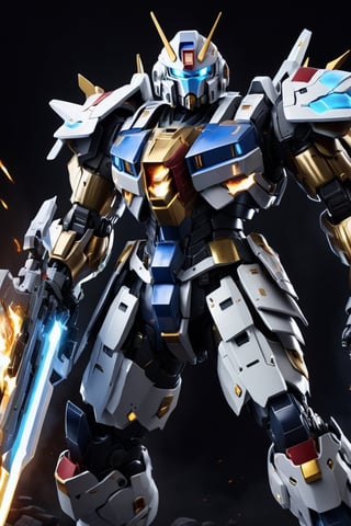 Studio background,cute style, gundam armor ,cyborg style,heavy armor , heavy weapon , details armor,rocket launcher,4k ,Astral gold flame ,heavy sword,heavy cybord sword,slash action, electricity surrounded, fighting_stance , military cyborg backpack, cyborg heavy armor ,very heavy armor ,