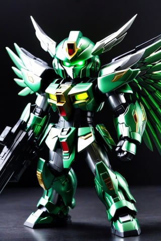 Corinthian, overloard, cute style, glowing black green, sd gundam armor.,cyborg style,heavy armor , heavy weapon ,holding weapon gun,Metal wide wing , details armor,weapon pointing at view,