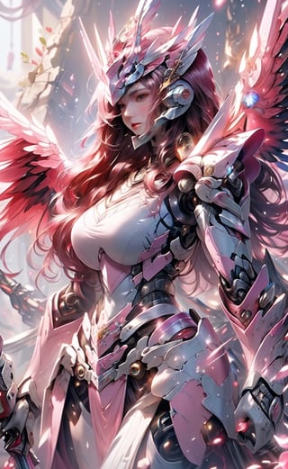 (masterpiece, best quality:1.2), Character design, ((1 girl, solo)), warrior of xian, slim body, medium chest, skinny waist, ((long deep red hair)). blue eyes. (((pink fantasy armor a female knight in a pink full armor))), (((big pauldrons, intricate details))), (((large armor wings))), (((advanced weapon fantasy plasma sword in right hand))), (standing), plain gray background, masterpiece, HD high quality, 8K ultra high definition, ultra definition,1 girl,Masterpiece,mecha, cyborg, metal,