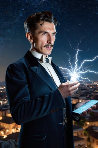 8K, UHD, wide-angle perspective, candid view, photo-realistic, realistic skin texture and natural skintone, cinematic, Nikola Tesla  passing electricity wirelessly, night skies, transmitting energy in old world city