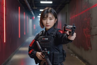 8k uhd, dslr, high quality, film grain, Fujifilm XT3,  (asian girl pointing a CAR-15 Carbine rifle:1.3), short gray hair, black paramilitary uniform, dark room interiors, (Hall with a large amount of red laser streaks:1.1), (many long streaks of red laser on walls) (corridor with A lot of lasers criss-crossing:1.1) (Hallway with random red laser streaks:1.1), massive explosions, flashing lights,(photorealistic photo: 1.1), vivid colors, bokeh, warm color palette, dramatic lighting, no smile