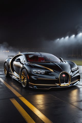 8K, UHD, wide angle view of (Bugatti Chiron), 4-door sedan, futuristic car in vanta black, gold ornate decals, in almost dark outdoors, on runway tarmac, cinematic, total darkness environment, (totally dark background:1.2), volumetric mist, ambient occlusion, (intense close-up view of aircraft flying very low1.1)