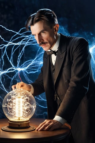 8K, UHD, wide-angle perspective, candid view, photo-realistic, realistic skin texture and natural skintone, cinematic, photo of (Nikola Tesla:1.1) experimenting with frequencies equipments, electricity sparks flying, spherical-top Wardenclyffe Towers passing electricity wirelessly, auroras in ionosphere, night skies, amazing lights, transmitting energy, old world city