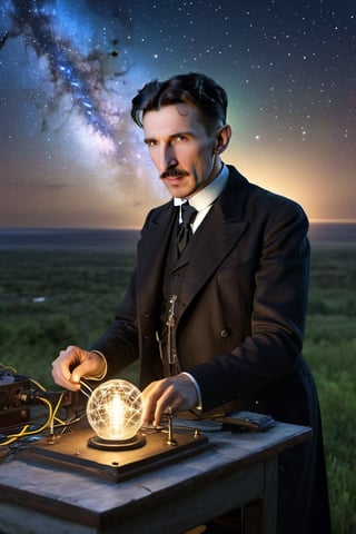 8K, UHD, wide-angle perspective, photo-realistic, realistic skin texture and natural skintone, cinematic, photo of (Nikola Tesla:1.2) experimenting with frequencies, testing the earth's ether, Wardenclyffe Towers passing electricity wirelessly, auroras in earths ionosphere, night skies, amazing lights, transmitting energy,xxmixgirl