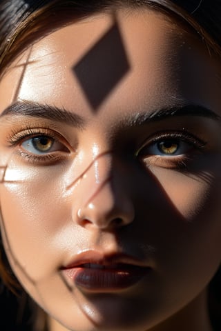 8K, UHD, Fujifilm XT1, angled perspective portraits, photo-realistic, show face only, detailed eyes, pretty girl in front of black background, (small shapes light cast on face:1.1) geometrical harsh natural highlights on face, intense sunlight shining through geometrical shape template casting light shadows