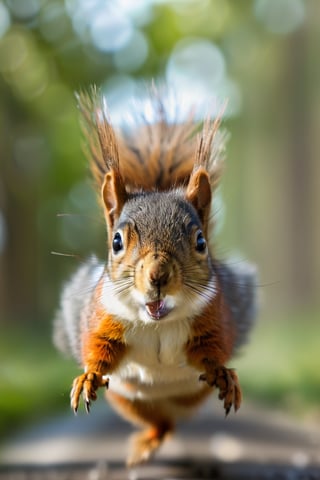 8K, UHD, perspective macro shot, photo-realistic, squirrel
flying straight towards camera (head-on:1.2) centered, looking perfectly ahead, perfect lighting, speed movements, slow shutter speed, motion blur, natural