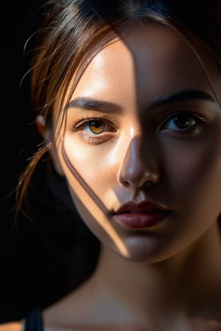 8K, UHD, Fujifilm XT1, angled perspective portraits, photo-realistic, show face only, detailed eyes, pretty girl in front of black background, (interesting shapes light cast on face:1.1) geometrical harsh natural highlights on face, intense sunlight shining through geometrical shape template casting light shadows