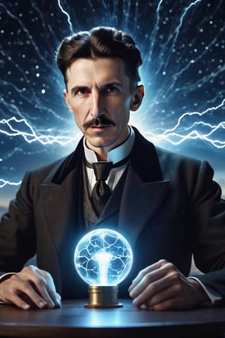 8K, UHD, wide-angle perspective, photo-realistic, realistic skin texture, cinematic, photo of (real Nikola Tesla:1.2) experimenting with frequencies, testing the earth's ether, Wardenclyffe Towers passing electricity wirelessly, auroras in earths ionosphere, night skies, amazing lights, transmitting energy