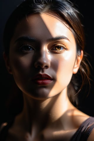 8K, UHD, Fujifilm XT1, angled perspective portraits, photo-realistic, show face only, detailed eyes, pretty girl in front of black background, (interesting shapes light cast on face:1.1) geometrical harsh natural highlights on face, intense sunlight shining through geometrical shape template casting light shadows