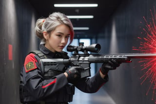 8k uhd, dslr, high quality, film grain, Fujifilm XT3,  (girl aiming a sniper rifle:1.3), bullets flying, short gray hair, black paramilitary uniform, gloves, dark wall interiors, (Hall with a large amount of red laser streaks:1.1),(corridor with A lot of lasers criss-crossing:1.1) (Hallway with random red laser streaks:1.1), massive explosions, vivid colors, bokeh, warm color palette, dramatic lighting, no smile, full-body_, fighting_stance