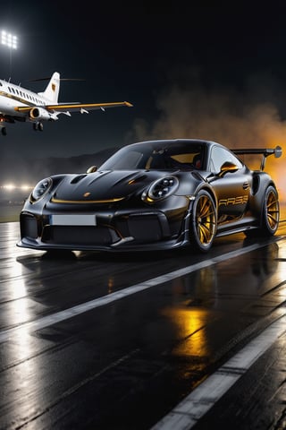8K, UHD, wide angle side view of (porsche gt3 rs), futuristic car in vanta black, gold ornate decals, in almost dark outdoors, on runway, (intense close-up view of aircraft flying very low overhead:1.2) cinematic, total darkness, (totally dark background:1.1), volumetric mist, ambient occlusion, 
