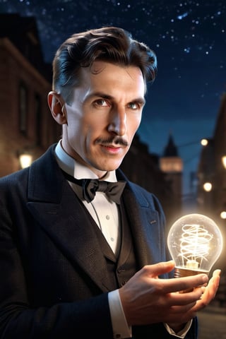 8K, UHD,  wide-angle perspective, candid view, photo-realistic, (Nikola Tesla:1.1) realistic skin texture and natural skintone, cinematic, light bulb in hand passing electricity wirelessly, night skies, amazing lights sparks, transmitting energy to old world city, 