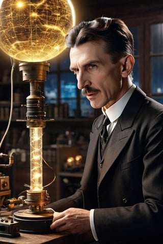 8K, UHD, wide-angle perspective, candid view, photo-realistic, realistic skin texture and natural skintone, cinematic, photo of (Nikola Tesla:1.1) experimenting with frequencies equipments, testing the earth's ether, spherical-top Wardenclyffe Towers passing electricity wirelessly, auroras in earths ionosphere, night skies, amazing lights, transmitting energy, old world city