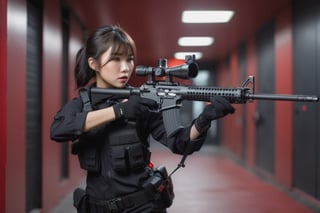 8k uhd, dslr, high quality, film grain, Fujifilm XT3,  (asian girl take aim with a CAR-15 Carbine rifle:1.3), short gray hair, black paramilitary uniform, long black pants, black half-gloves, dark room interiors, (explosion:1.1), (corridor with a lot of lasers criss-crossing:1.1) (Hallway with random red laser streaks:1.1), (photorealistic photo: 1.1), vivid colors, bokeh, warm color palette, dramatic lighting, smoke, no smile, full_body, shooting pose, fighting pose, ,Extremely Realistic