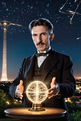 8K, UHD, wide-angle perspective, candid view, photo-realistic, realistic skin texture and natural skintone, cinematic, photo of (Nikola Tesla:1.1) experimenting with spherical-top Wardenclyffe Towers passing electricity wirelessly, night skies, amazing lights, transmitting energy, old world city