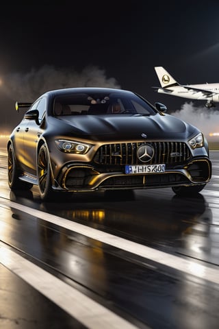 8K, UHD, wide angle side view of (amg gt 63), futuristic car in vanta black, gold ornate decals, in almost dark outdoors, on runway, (intense close-up view of aircraft flying very low overhead:1.2) cinematic, total darkness, (totally dark background:1.1), volumetric mist, ambient occlusion, 