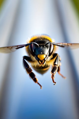 8K, UHD, perspective macro shot, photo-realistic, bee flying approaching towards camera (head-on:1.1) centered, looking straight, perfect lighting, speed movements, slow shutter speed, motion blur,
