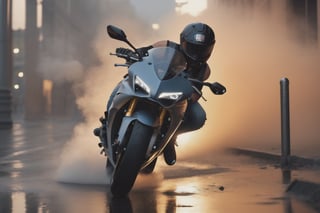 8K, UHD, (rear view of sports motorbike) sportsbike with big Akrapovic exhaust. (girl bend over posing:1.1) front wheel off ground, sleeveless leather, torn denim, wide low angle view, intense close-up, wet city streets, cinematic, volumetric smoke, dusk, ambient occlusion,cleavage