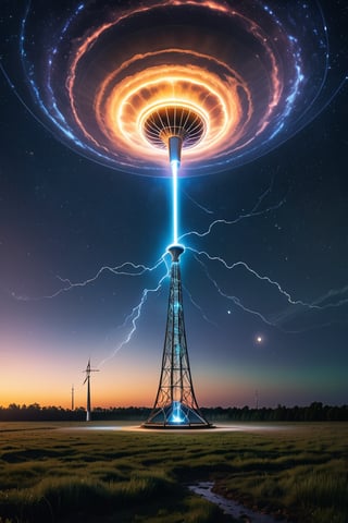 8K, UHD, low wide-angle, panaromic perspective, photo-realistic, cinematic, Nicola Tesla experimenting with frequencies, testing the earth's ether, Wardenclyffe Tower passing electricity wirelessly, auroras in earths ionosphere, night skies, amazing lights, transmitting energy