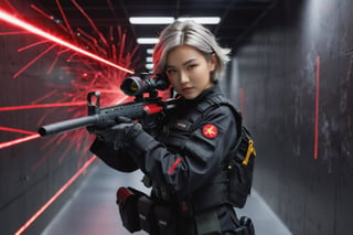 8k uhd, dslr, high quality, film grain, Fujifilm XT3,  (girl aiming a sniper rifle:1.3), bullets flying, short gray hair, black paramilitary uniform, gloves, dark wall interiors, (Hall with a large amount of red laser streaks:1.1),(corridor with A lot of lasers criss-crossing:1.1) (Hallway with random red laser streaks:1.1), massive explosions, vivid colors, bokeh, warm color palette, dramatic lighting, no smile, full-body_, fighting_stance