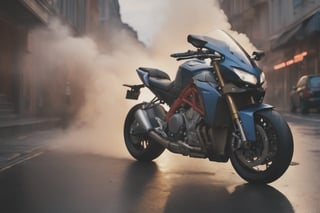 Rear view of sports motorbike, sportsbike with big Akrapovic exhaust. (ultra-realistic gal:1.1) (bend over riding) sleeveless leather, cleavage, short torn denim, wide low angle view, intense close-up, wet city streets, cinematic, volumetric smoke, dusk, ambient occlusion,aesthetic portrait