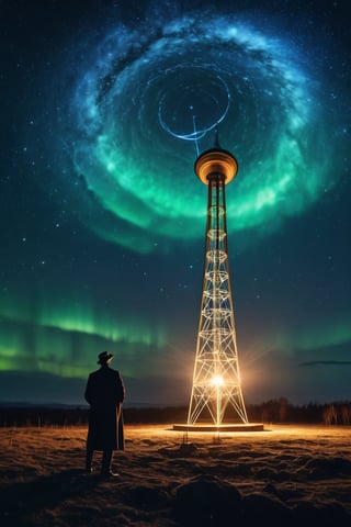 8K, UHD, low wide-angle, panaromic perspective, photo-realistic, cinematic, Nicola Tesla experimenting with frequencies, testing the earth's ether, Wardenclyffe Tower passing electricity wirelessly, auroras in earths ionosphere, night skies, amazing lights, transmitting energy