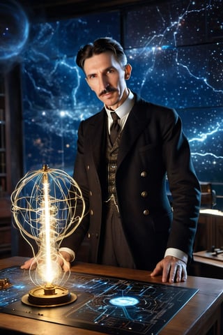 8K, UHD, wide-angle perspective, photo-realistic, realistic skin texture and natural skintone, cinematic, photo of (Nikola Tesla:1.2) experimenting with frequencies, testing the earth's ether, Wardenclyffe Towers passing electricity wirelessly, auroras in earths ionosphere, night skies, amazing lights, transmitting energy