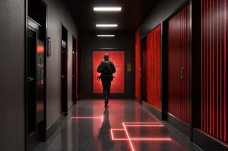 8k uhd, dslr, high quality, film grain, Fujifilm XT3, asian gal, (((short gray hair)), (pointing a AR15 long rifle: 1.3), black paramilitary uniform, black wall interior, (Hall lined with a large amount of red laser streaks:1.1), (many red laser streaks on walls) (Hallway with A lot of lasers criss-crossing:1.1) (Hallway with multiple red laser streaks:1.1), security equipment in operation, massive explosions, flashing lights,(photorealistic photo: 1.1), (high detail skin:1.2), vivid colors, bokeh, warm color palette, dramatic lighting,