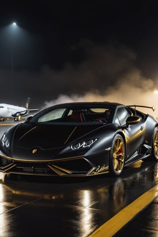 8K, UHD, wide angle view of (Lambo Huracan), futuristic car in vanta black, gold ornate decals, in almost dark outdoors, on runway tarmac, (intense close-up view of aircraft flying very low1.1) cinematic, total darkness, (totally dark background:1.2), volumetric mist, ambient occlusion, 