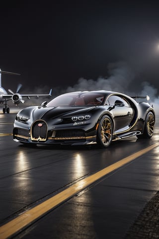 8K, UHD, wide angle view of (Bugatti Chiron), 4-door sedan, futuristic car in vanta black, gold ornate decals, in almost dark outdoors, on runway tarmac, (intense close-up view of aircraft flying very low1.1) cinematic, total darkness, (totally dark background:1.2), volumetric mist, ambient occlusion, 