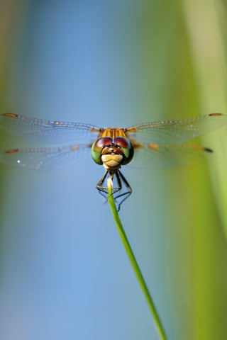 8K, UHD, perspective macro shot, photo-realistic, dragonfly 
flying straight towards camera (head-on:1.2) centered, looking perfectly ahead, perfect lighting, speed movements, slow shutter speed, motion blur, natural