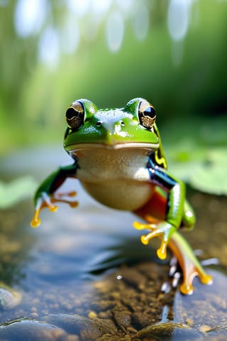 8K, UHD, perspective macro shot, photo-realistic, frog
flying straight towards camera (head-on:1.2) centered, looking perfectly ahead, perfect lighting, speed movements, slow shutter speed, motion blur, natural