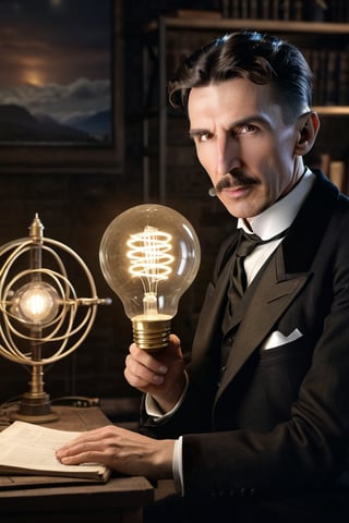 8K, UHD, wide-angle perspective, photo-realistic, realistic skin texture and natural skintone, cinematic, photo of (Nikola Tesla:1.2) experimenting with frequencies, testing the earth's ether, spherical-top Wardenclyffe Towers passing electricity wirelessly, auroras in earths ionosphere, night skies, amazing lights, transmitting energy, holding lightbulb, old world city