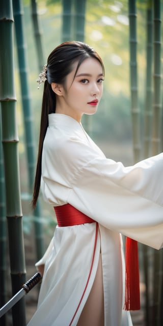 An exquisite young woman adorned in traditional Chinese attire.
She holds a Chinese sword (jian) in a poised and confident manner.
The woman's posture reflects grace and precision, indicative of her mastery of swordsmanship.
Flowing robes and sleeves add to the beauty and fluidity of her movements.
The background showcases a serene and picturesque setting, such as a bamboo grove or a tranquil garden.
Soft lighting highlights the woman's features and the gleam of the sword's blade.
The woman's expression exudes focus and determination as she engages in her training.
Surrounding elements may include symbolic motifs related to Chinese culture and martial arts.
The overall composition captures the timeless elegance and skill of the ancient Chinese art of swordsmanship.



