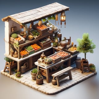 8k, RAW photos, top quality, masterpiece: 1.3),
 "Medieval Fishmonger Stall
, miniature, landscape, depth of field, ladder, table, from above, English text, chair, lamp, coffee, architecture, tree, potted plants, isometric style, simple background, white background,3d isometric