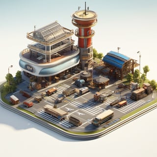 8k, RAW photos, top quality, masterpiece: 1.3),
 Transport hub,Airport 
, miniature, landscape, depth of field, ladder,  from above, English text, isometric style, simple background, white background,3d isometric,steampunk style,ff14bg,DonMSt33lM4g1cXL,DonMD0n7P4n1cXL
