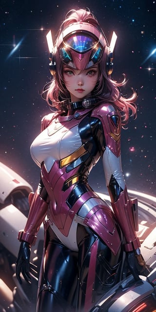 a girl, thunder yellow jacket, tight suit,Space helm of the 1960s,and the anime series G Force of the 1980s,Darf Punk wlop glossy skin, ultrarealistic sweet girl, space helm 60s, holographic, holographic texture, the style of wlop, space, 