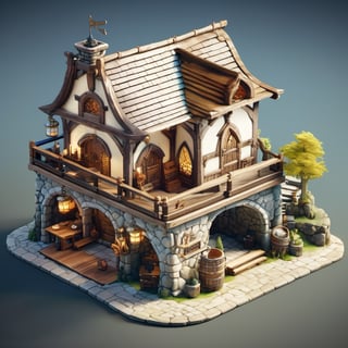 8k, RAW photos, top quality, masterpiece: 1.3),
A fantasy medieval inn
, miniature, landscape, depth of field, ladder,  from above, English text,Ore, cave, torch,Underground lake, isometric style, simple background, white background,3d isometric,steampunk style,ff14bg,DonMSt33lM4g1cXL,DonMD0n7P4n1cXL