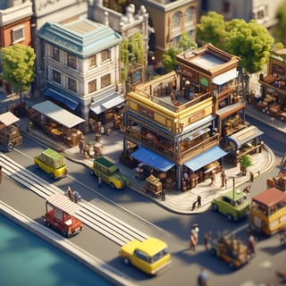 8k, RAW photos, top quality, masterpiece: 1.3),


A bustling market next to the dock, with busy pedestrians, workers, and breakfast stalls.
, miniature, landscape, depth of field, ladder,  from above, English text, isometric style, simple background, white background,3d isometric,steampunk style,ff14bg,DonMSt33lM4g1cXL,DonMD0n7P4n1cXL