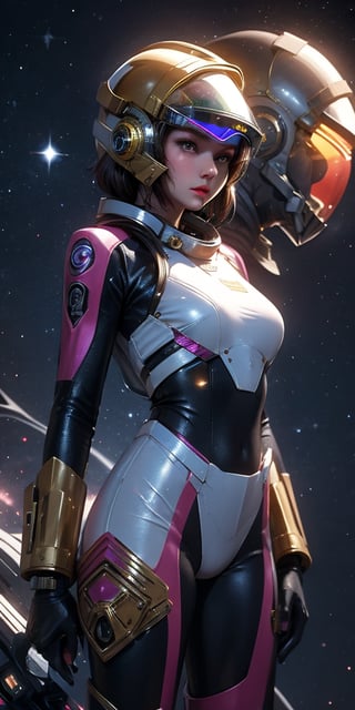 a girl, thunder yellow jacket, tight suit,Space helm of the 1960s,and the anime series G Force of the 1980s,Darf Punk wlop glossy skin, ultrarealistic sweet girl, space helm 60s, holographic, holographic texture, the style of wlop, space, ,helenadouglas