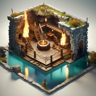 8k, RAW photos, top quality, masterpiece: 1.3),
Medieval guild
, miniature, landscape, depth of field, ladder,  from above, English text,Ore, cave, torch,Underground lake, isometric style, simple background, white background,3d isometric,steampunk style,ff14bg,DonMSt33lM4g1cXL,DonMD0n7P4n1cXL